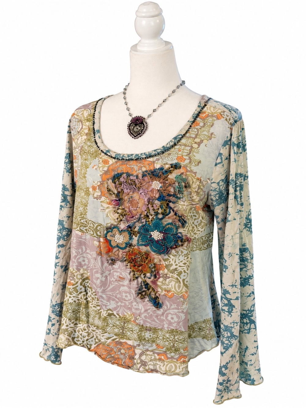 Sundance Multi-Color Floral Patchwork Long-Sleeve Scoop Neck Top - Picture 2 of 6